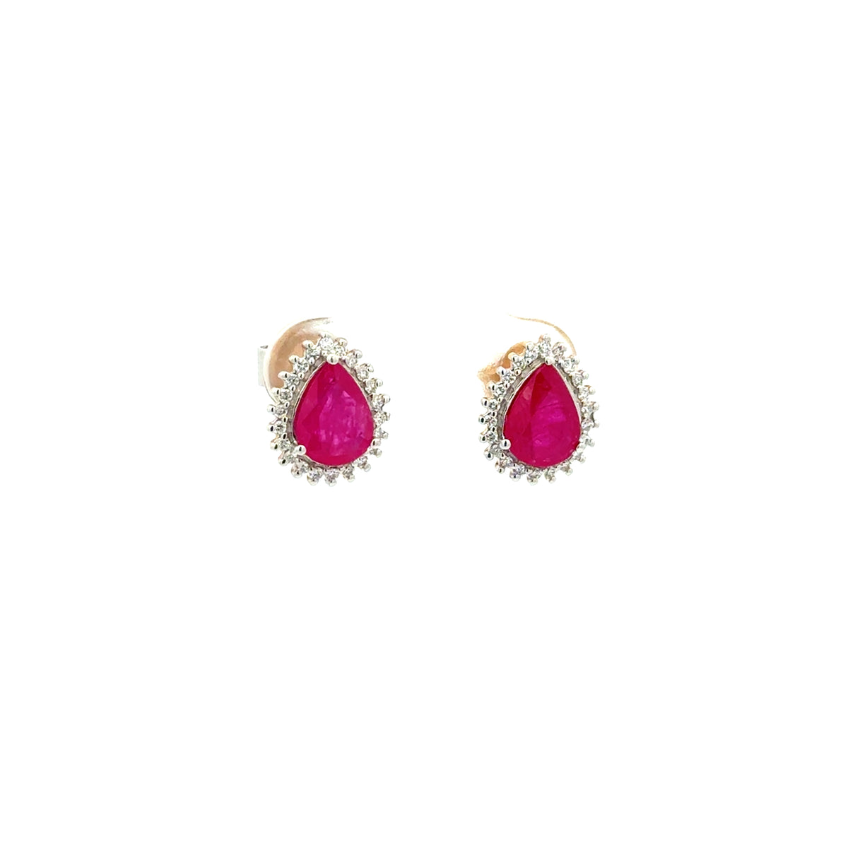 Aretes Rubí Gota con Halo Diamantes