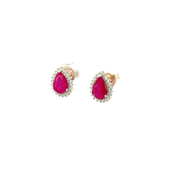 Aretes Rubí Gota con Halo Diamantes