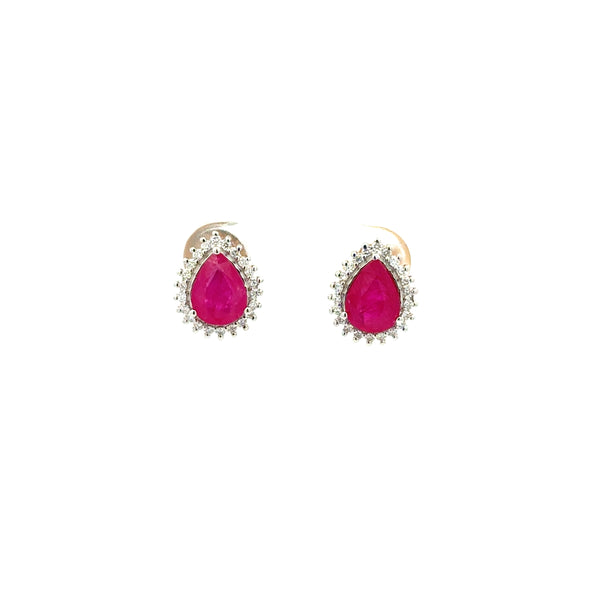 Aretes Rubí Gota con Halo Diamantes