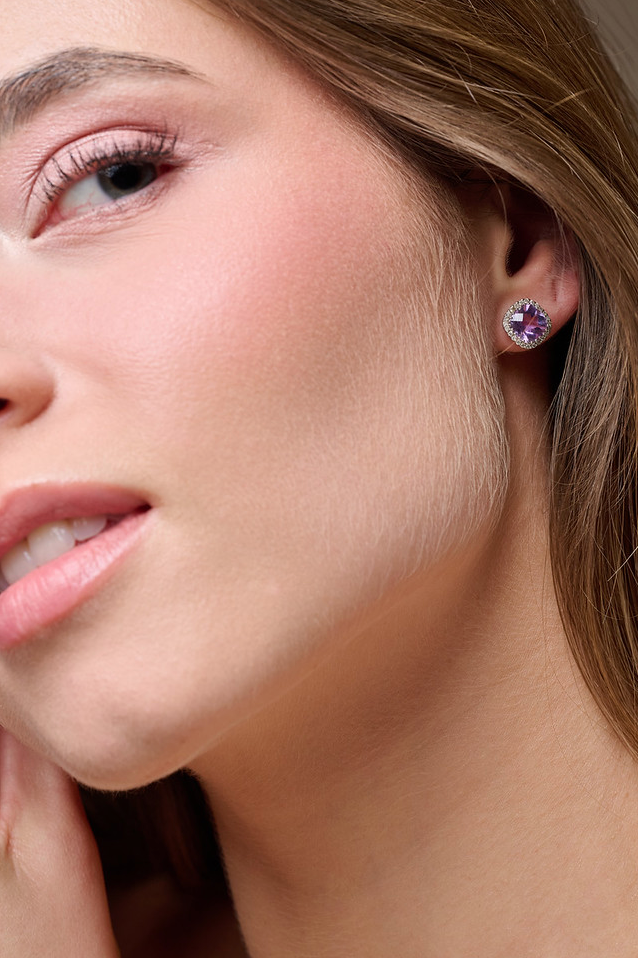 Aretes Amatista Halo Diamantes