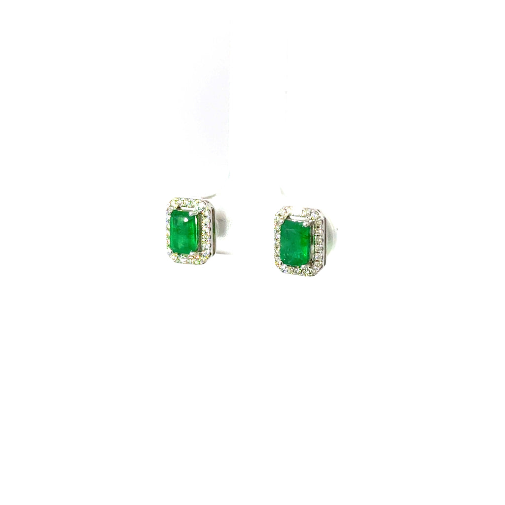 Aretes Esmeralda Rectangular con Halo Diamantes