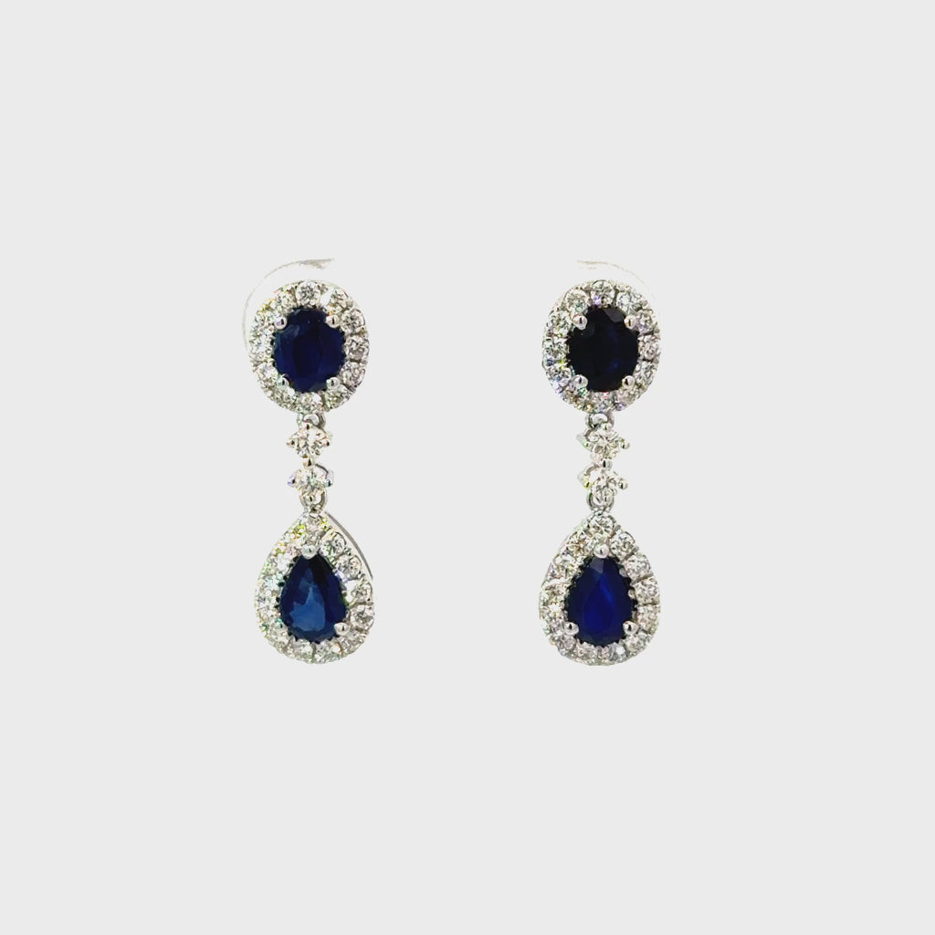 Aretes Doble Gota Zafiro con Halo Diamantes