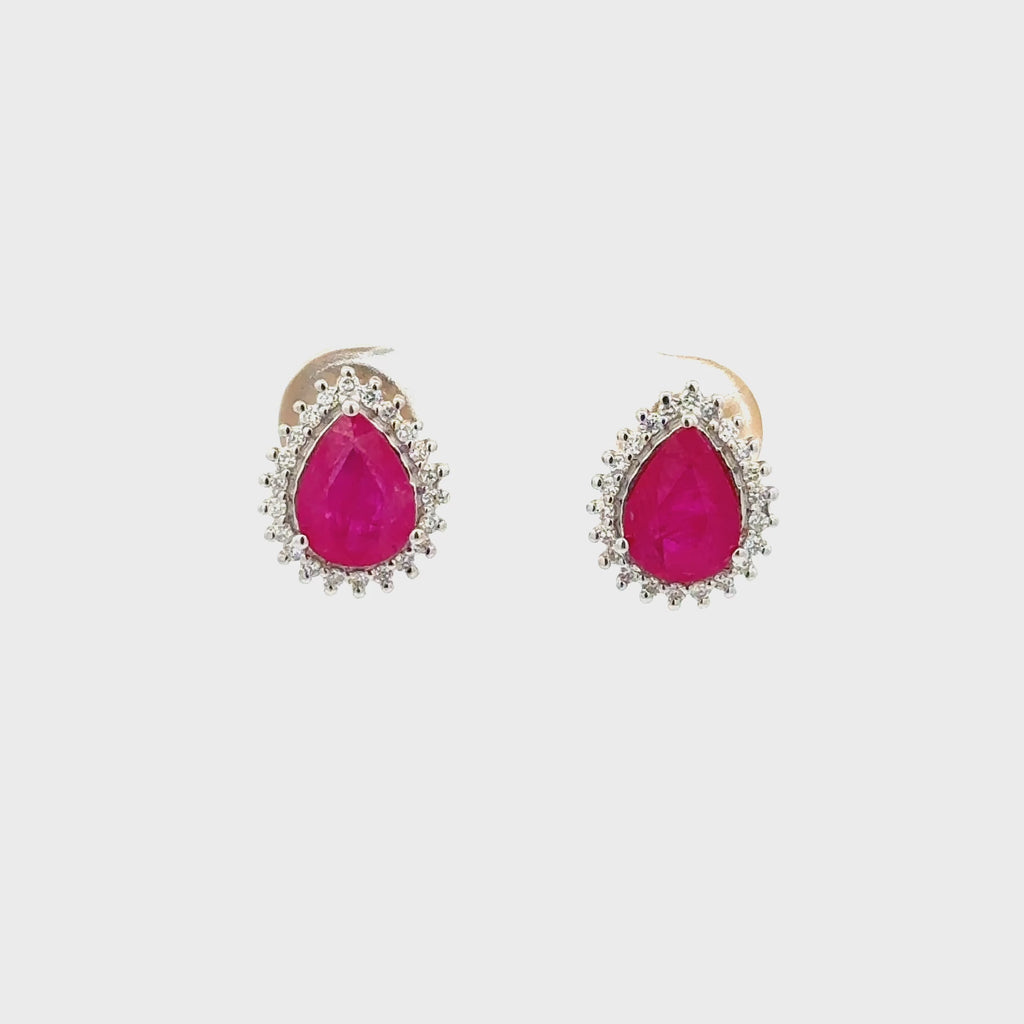 Aretes Rubí Gota con Halo Diamantes